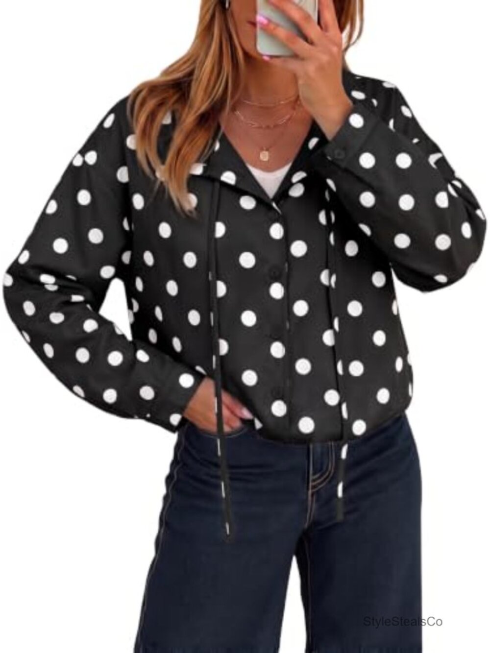 Polka Dot Funnel Neck Drawstring Button Down Cropped Jacket